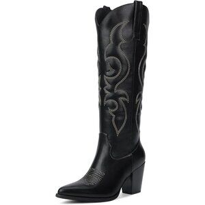 Women's Black Western Knee High Side Zipper Pointed Toe Block Heel Boots